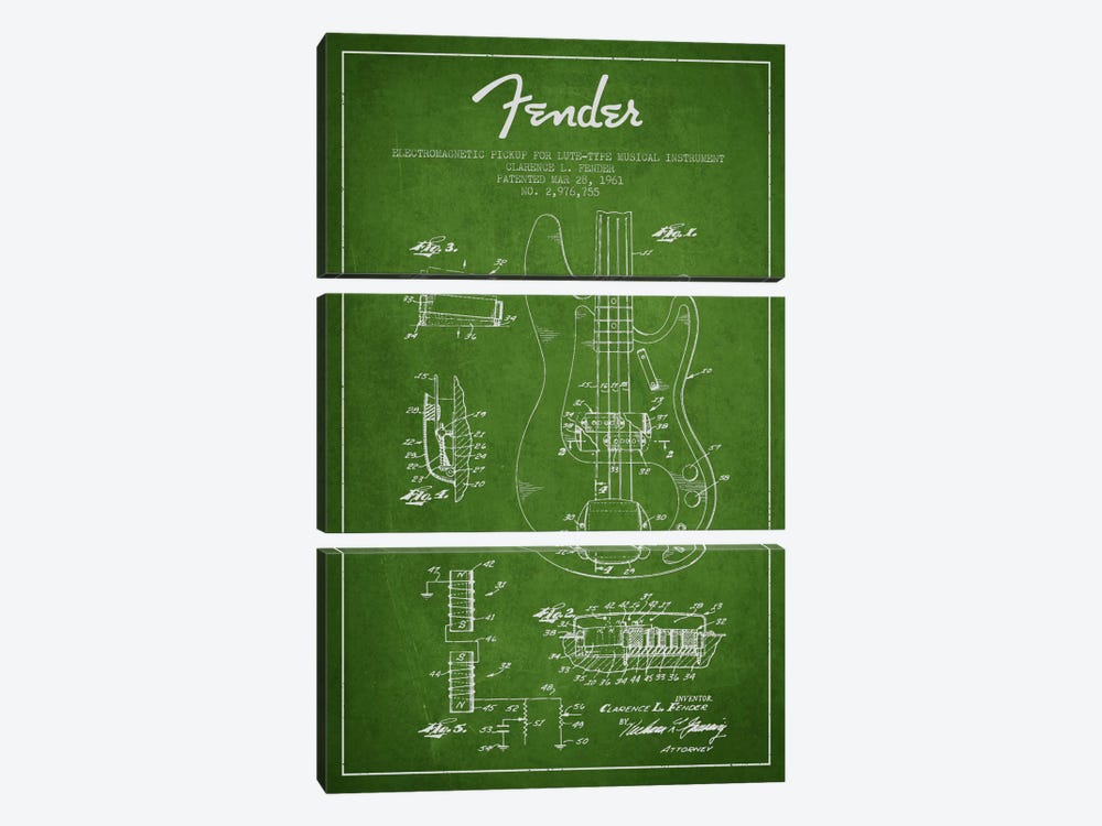 Guitar Green Patent Blueprint by Aged Pixel 3-piece Canvas Artwork