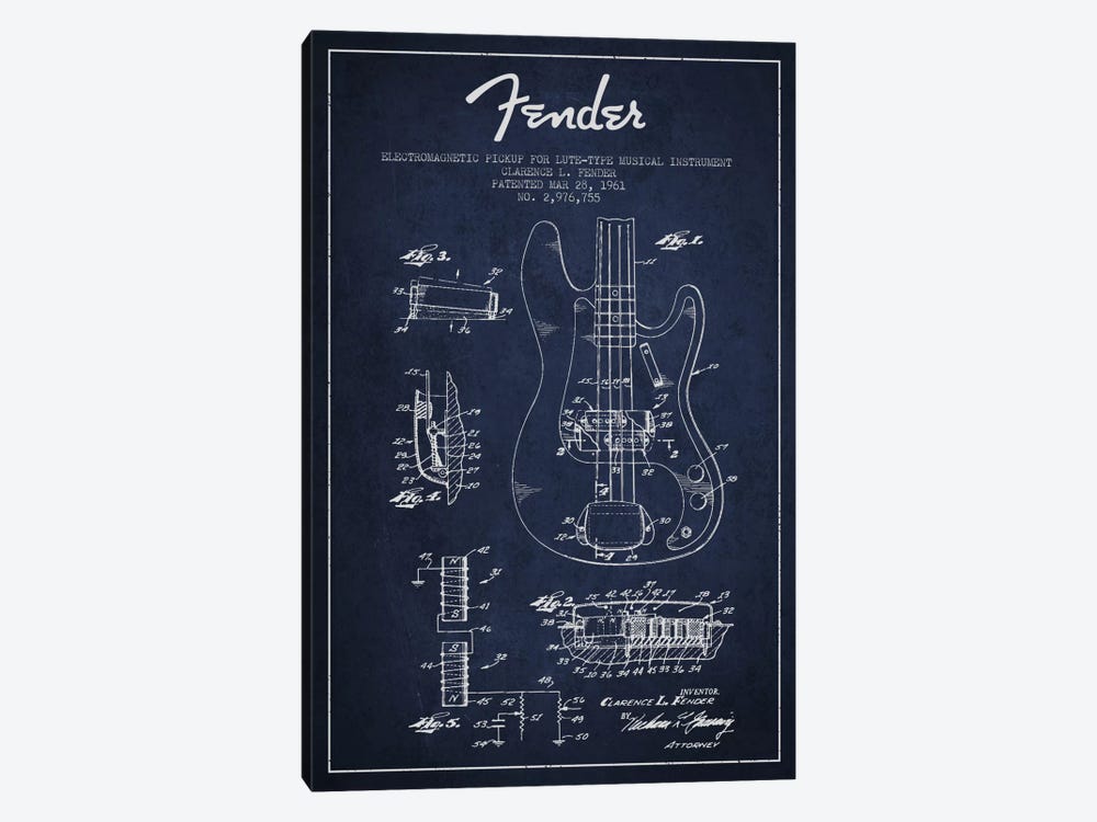 Guitar Navy Blue Patent Blueprint by Aged Pixel 1-piece Art Print