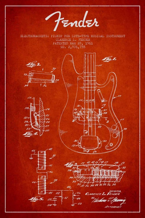 Guitar Red Patent Blueprint by Aged Pixel wall art