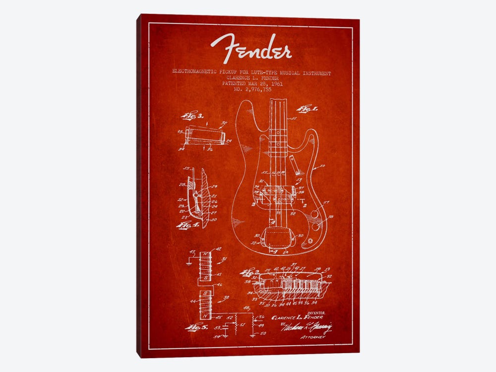 Guitar Red Patent Blueprint by Aged Pixel 1-piece Canvas Artwork
