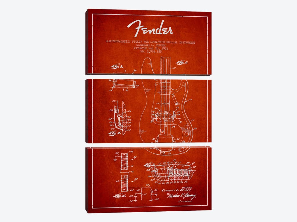 Guitar Red Patent Blueprint by Aged Pixel 3-piece Canvas Artwork
