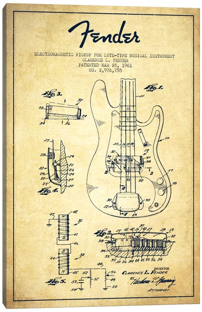 Guitar Vintage Patent Blueprint Canvas Art Print - Blueprints & Patent Sketches