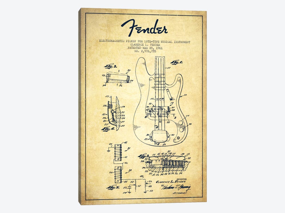 Guitar Vintage Patent Blueprint by Aged Pixel 1-piece Canvas Art Print