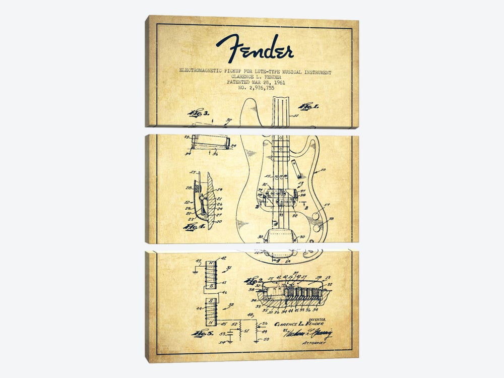 Guitar Vintage Patent Blueprint by Aged Pixel 3-piece Canvas Print