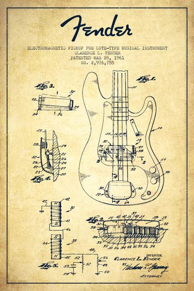 Music Blueprints: Guitar Vintage Patent Blueprint by Aged Pixel