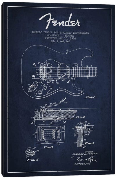 Tremolo Navy Blue Patent Blueprint Canvas Art Print - Guitar Art