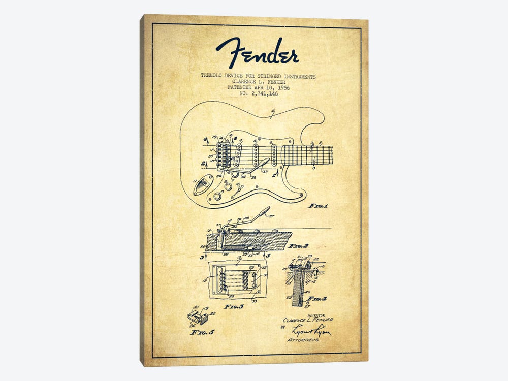 Tremolo Vintage Patent Blueprint by Aged Pixel 1-piece Canvas Artwork