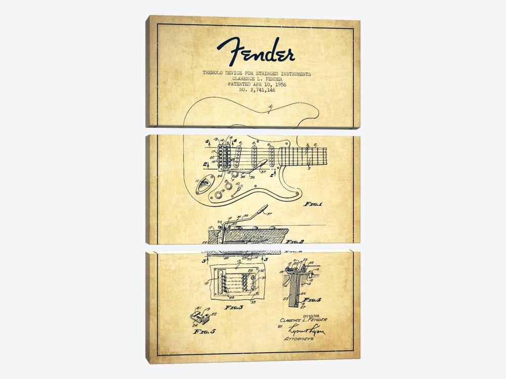 Tremolo Vintage Patent Blueprint by Aged Pixel 3-piece Canvas Art