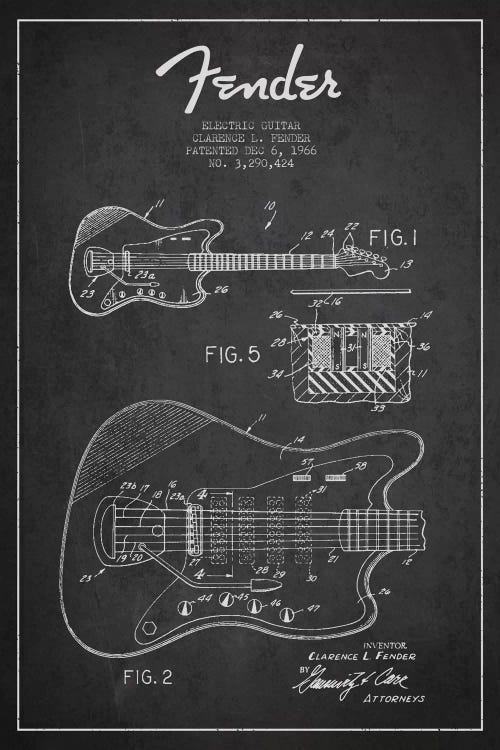 Electric Guitar Charcoal Patent Blueprint