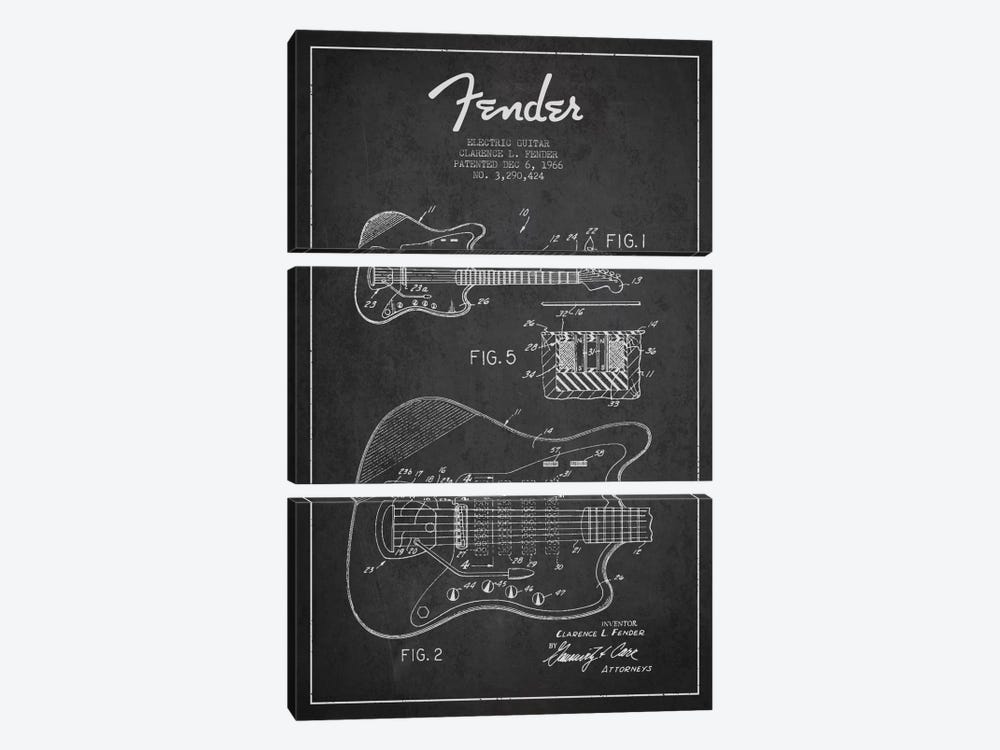 Electric Guitar Charcoal Patent Blueprint by Aged Pixel 3-piece Canvas Print