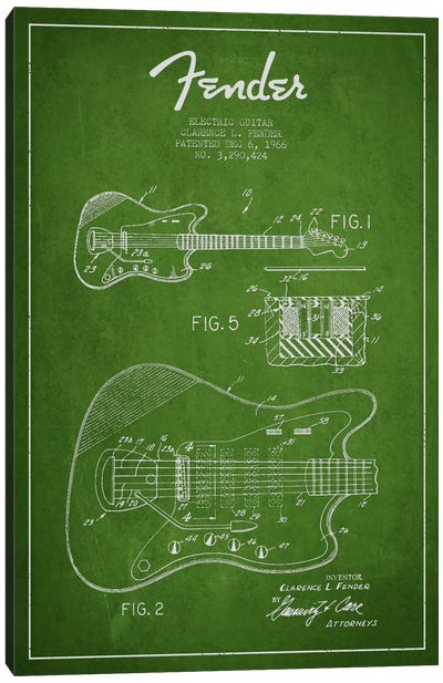 Electric Guitar Green Patent Blueprint Canvas Art Print - Aged Pixel: Music