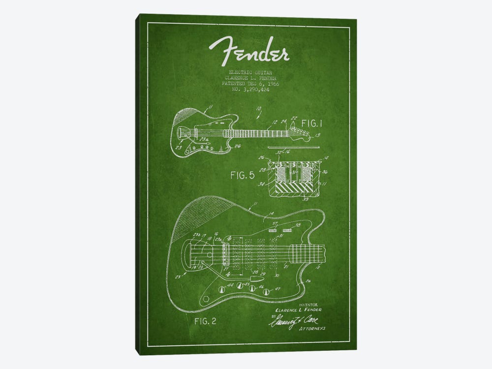 Electric Guitar Green Patent Blueprint by Aged Pixel 1-piece Canvas Art Print