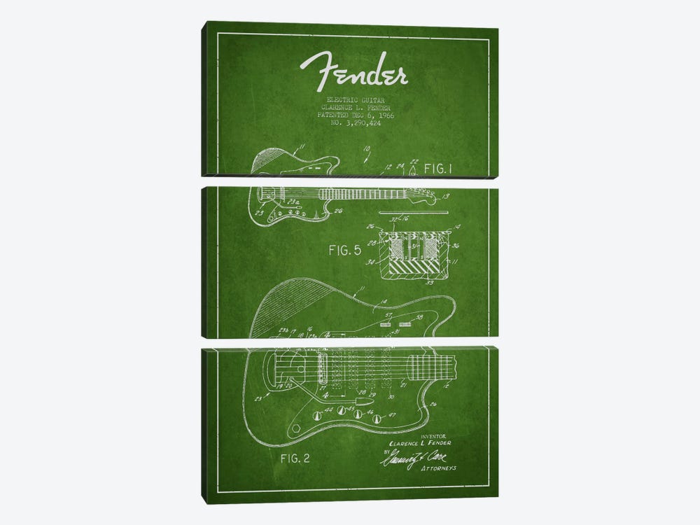 Electric Guitar Green Patent Blueprint by Aged Pixel 3-piece Art Print