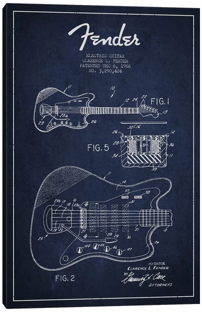 Electric Guitar Navy Blue Patent Blueprint Canvas Art Print - Aged Pixel: Music
