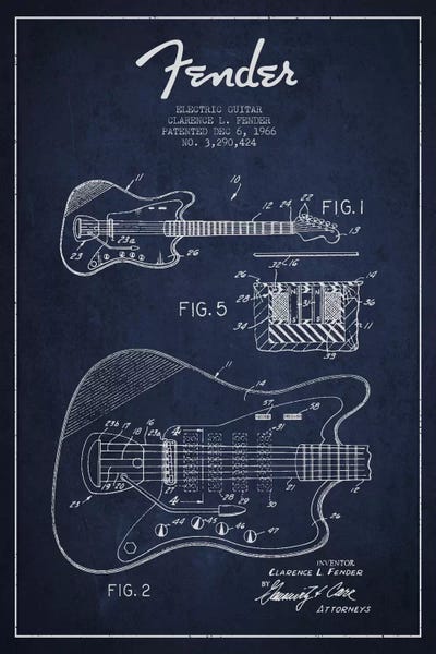 Aged Pixel: Electric Guitar Navy Blue Patent Blueprint by Aged Pixel