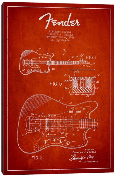 Electric Guitar Red Patent Blueprint Canvas Art Print - Aged Pixel: Music
