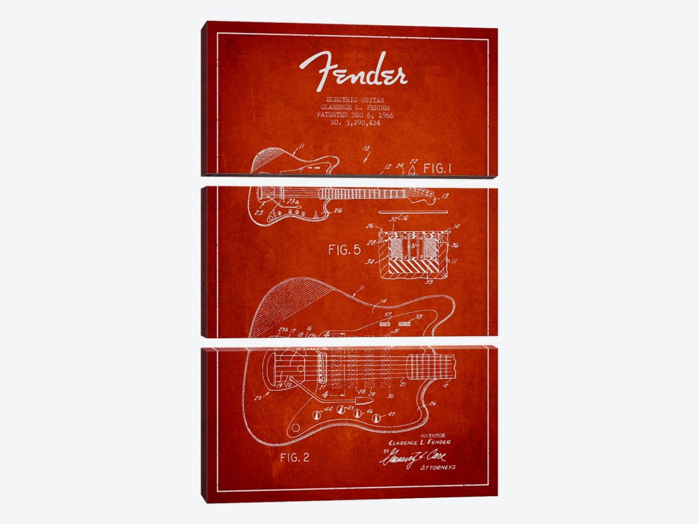 Electric Guitar Red Patent Blueprint by Aged Pixel 3-piece Art Print