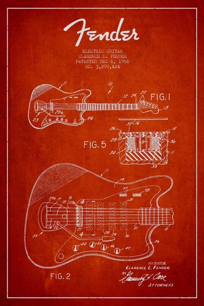 Music Blueprints: Electric Guitar Red Patent Blueprint by Aged Pixel
