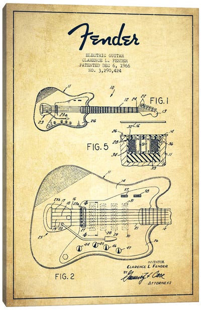 Electric Guitar Vintage Patent Blueprint Canvas Art Print - Aged Pixel: Music