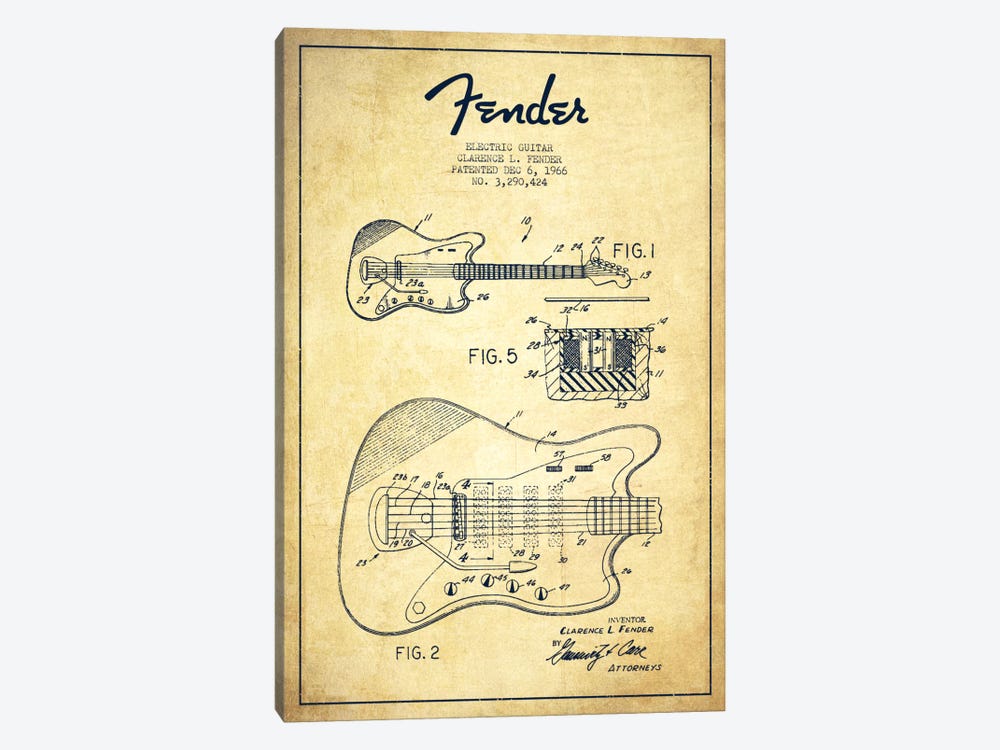 Electric Guitar Vintage Patent Blueprint by Aged Pixel 1-piece Canvas Artwork