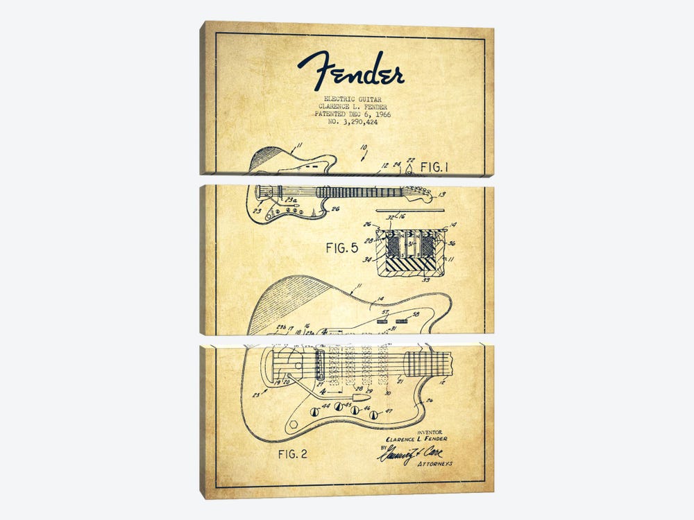 Electric Guitar Vintage Patent Blueprint by Aged Pixel 3-piece Canvas Artwork