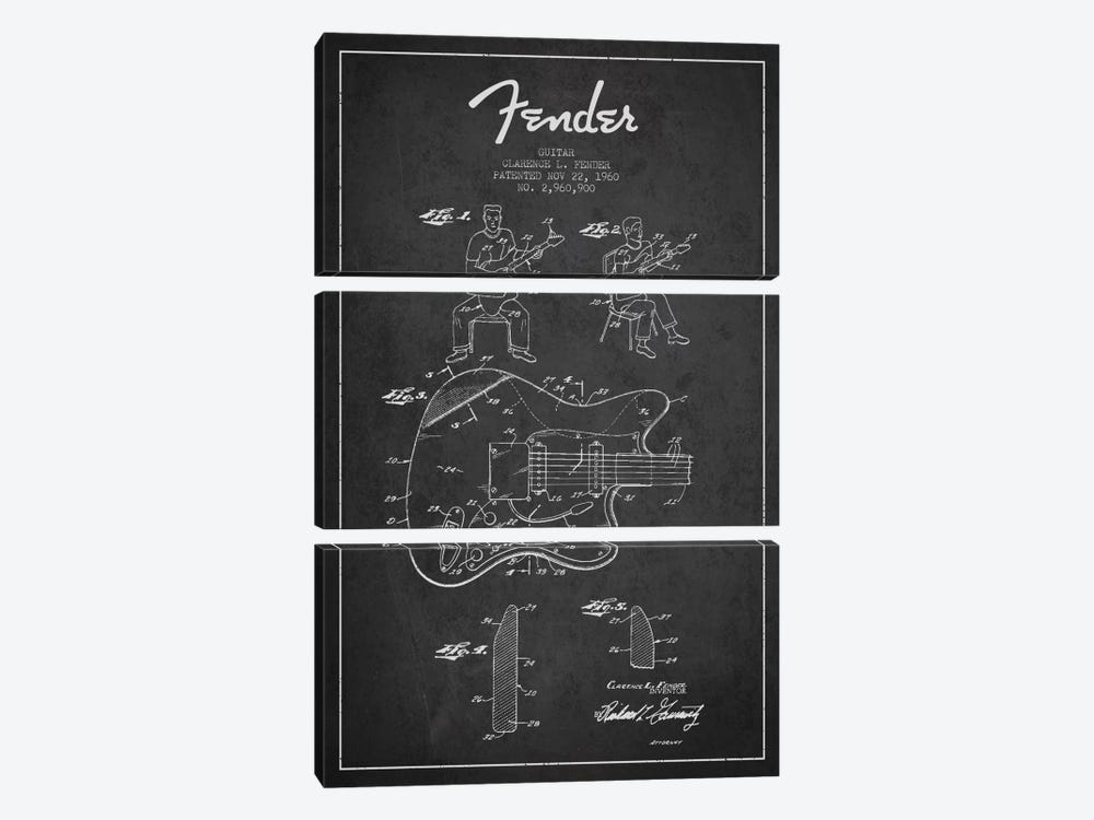 Fender Guitar Charcoal Patent Blueprint by Aged Pixel 3-piece Canvas Print