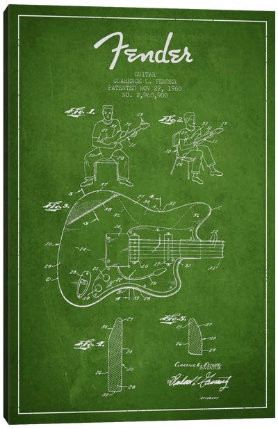 Fender Guitar Green Patent Blueprint Canvas Art Print - Aged Pixel: Music