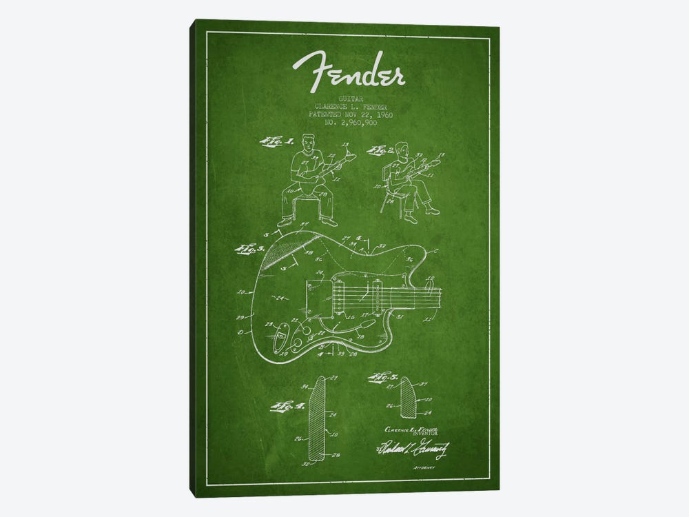 Fender Guitar Green Patent Blueprint by Aged Pixel 1-piece Canvas Artwork