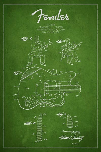 Music Blueprints: Fender Guitar Green Patent Blueprint by Aged Pixel