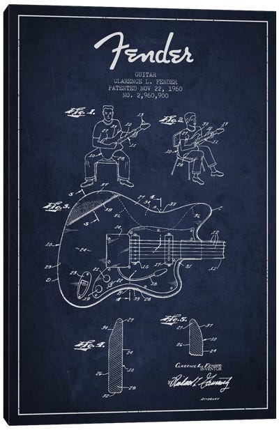 Fender Guitar Navy Blue Patent Blueprint Canvas Art Print - Aged Pixel: Music