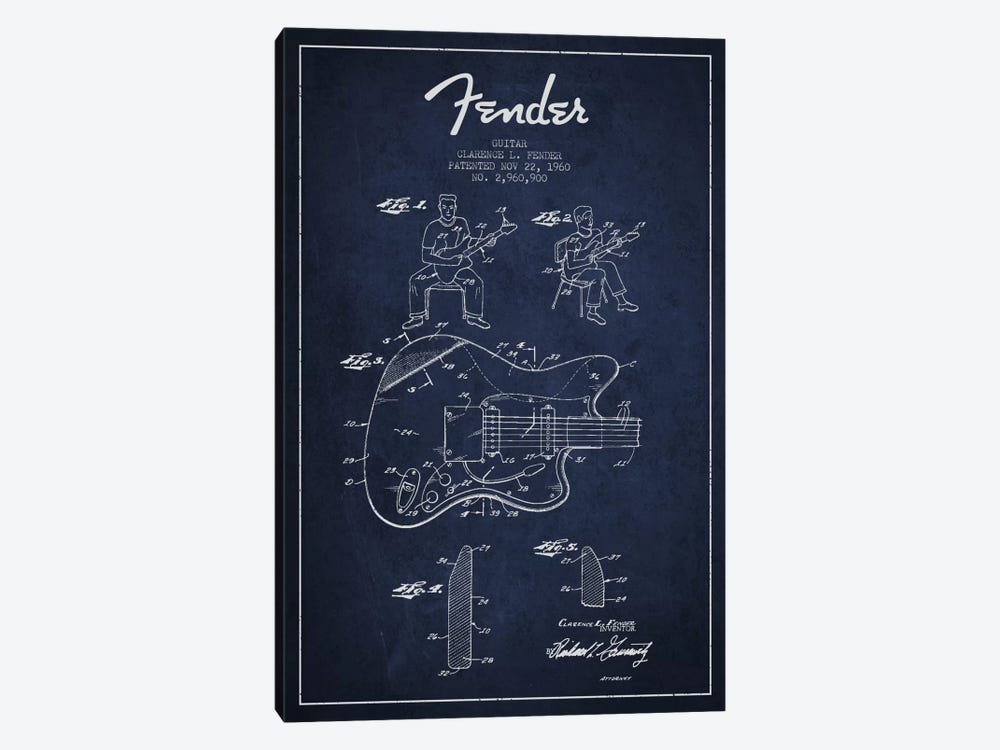 Fender Guitar Navy Blue Patent Blueprint by Aged Pixel 1-piece Canvas Print