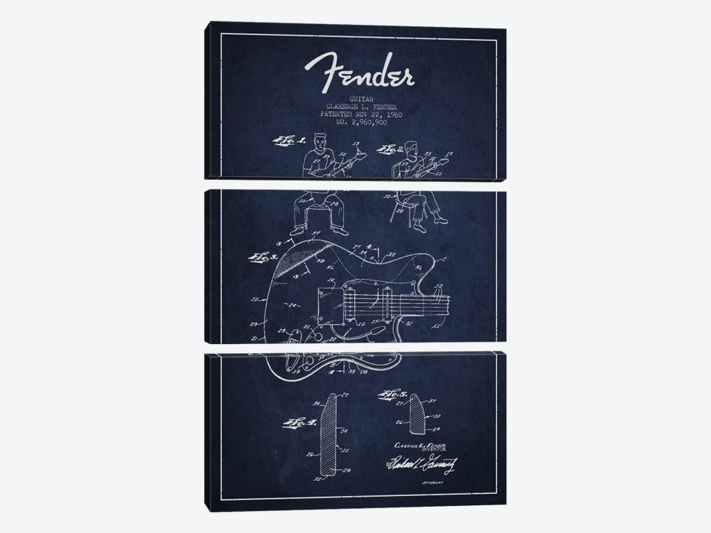 Fender Guitar Navy Blue Patent Blueprint by Aged Pixel 3-piece Art Print