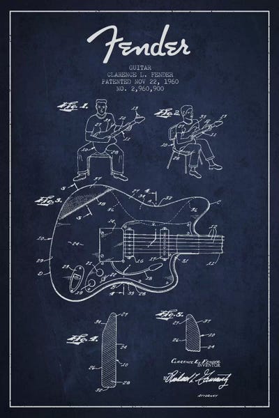 Music Blueprints: Fender Guitar Navy Blue Patent Blueprint by Aged Pixel