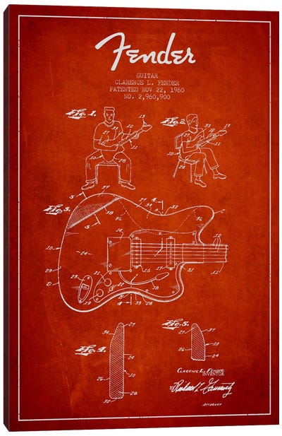 Fender Guitar Red Patent Blueprint Canvas Art Print - Music Blueprints