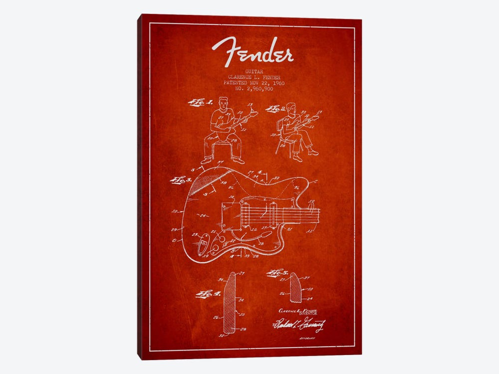 Fender Guitar Red Patent Blueprint by Aged Pixel 1-piece Canvas Wall Art