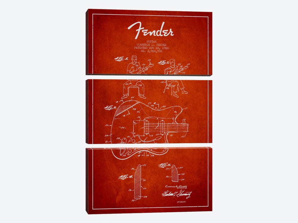Fender Guitar Red Patent Blueprint by Aged Pixel 3-piece Canvas Artwork
