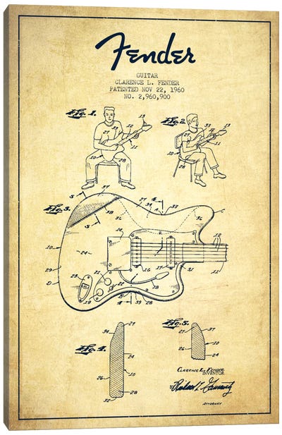 Fender Guitar Vintage Patent Blueprint Canvas Art Print - Music Blueprints