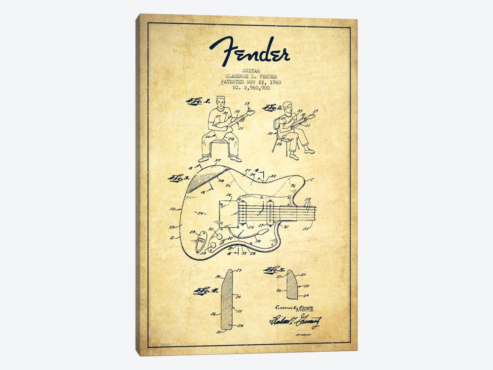 Fender Guitar Vintage Patent Blueprint by Aged Pixel 1-piece Canvas Art Print