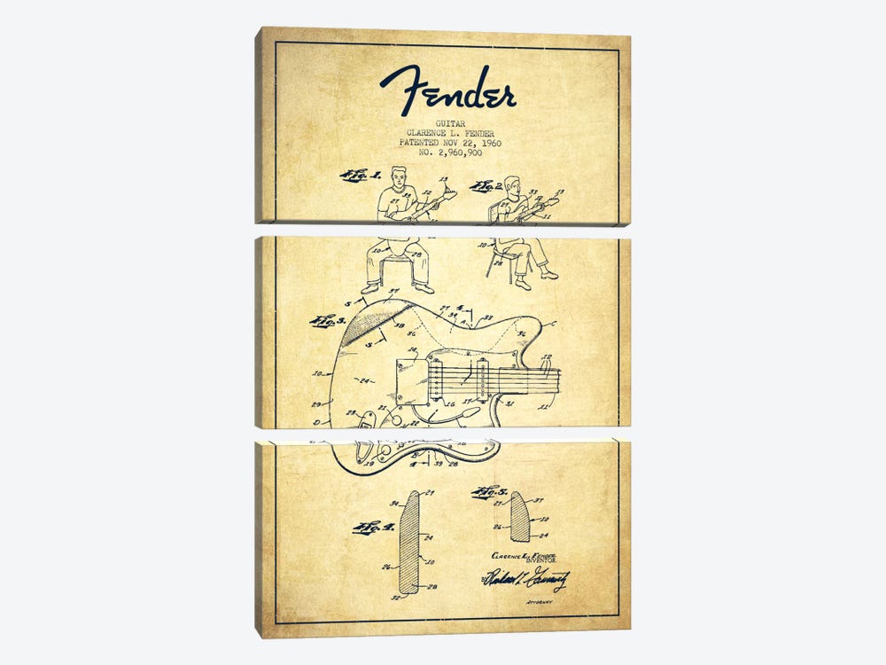 Fender Guitar Vintage Patent Blueprint by Aged Pixel 3-piece Canvas Print