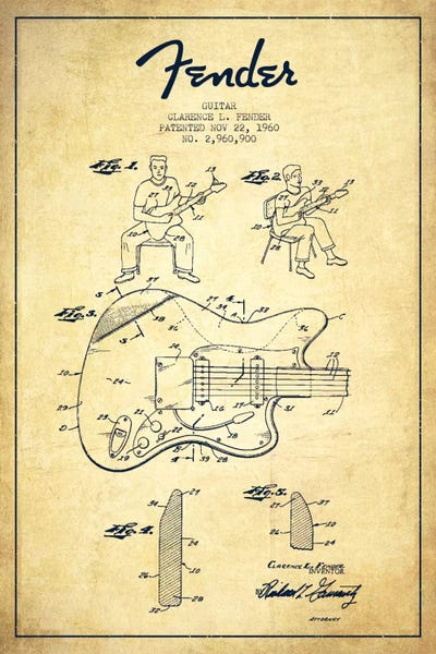 Music Blueprints: Fender Guitar Vintage Patent Blueprint by Aged Pixel