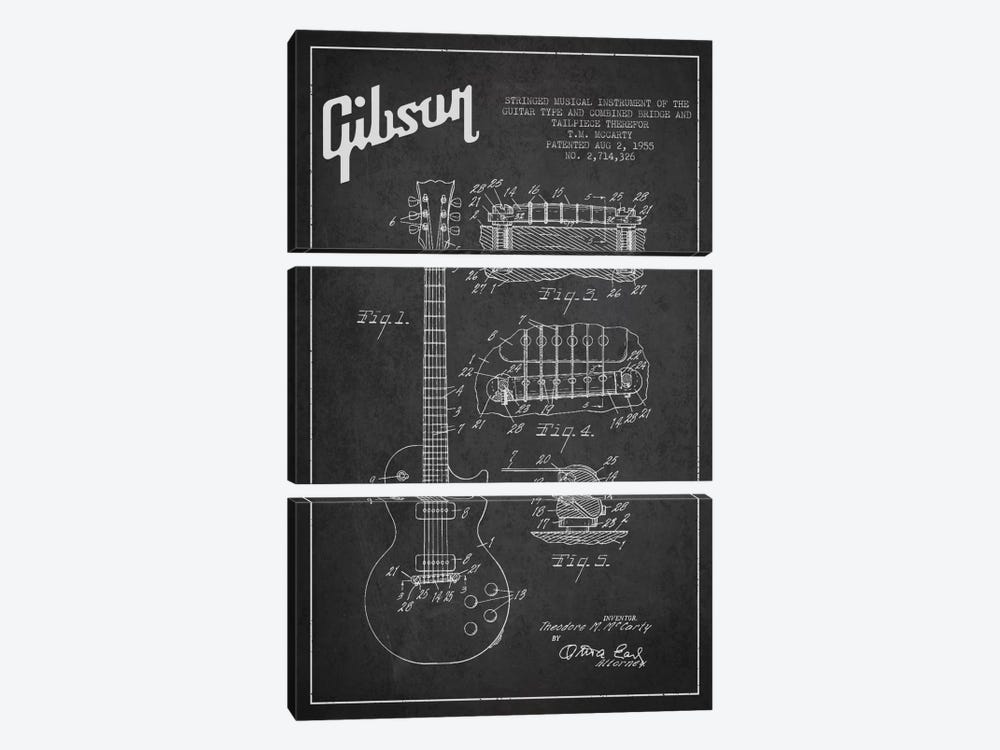 Gibson Guitar Charcoal Patent Blueprint by Aged Pixel 3-piece Canvas Artwork