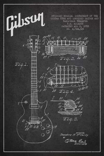 Music Blueprints: Gibson Guitar Charcoal Patent Blueprint by Aged Pixel