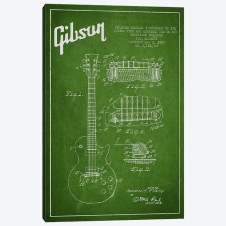 Gibson Guitar Green Patent Blueprint Canvas Print #ADP955} by Aged Pixel Canvas Artwork
