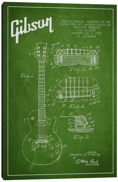 Gibson Guitar Green Patent Blueprint Canvas Art Print - Music Blueprints