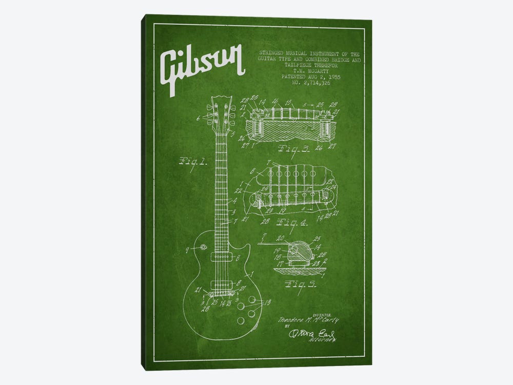 Gibson Guitar Green Patent Blueprint by Aged Pixel 1-piece Canvas Art Print