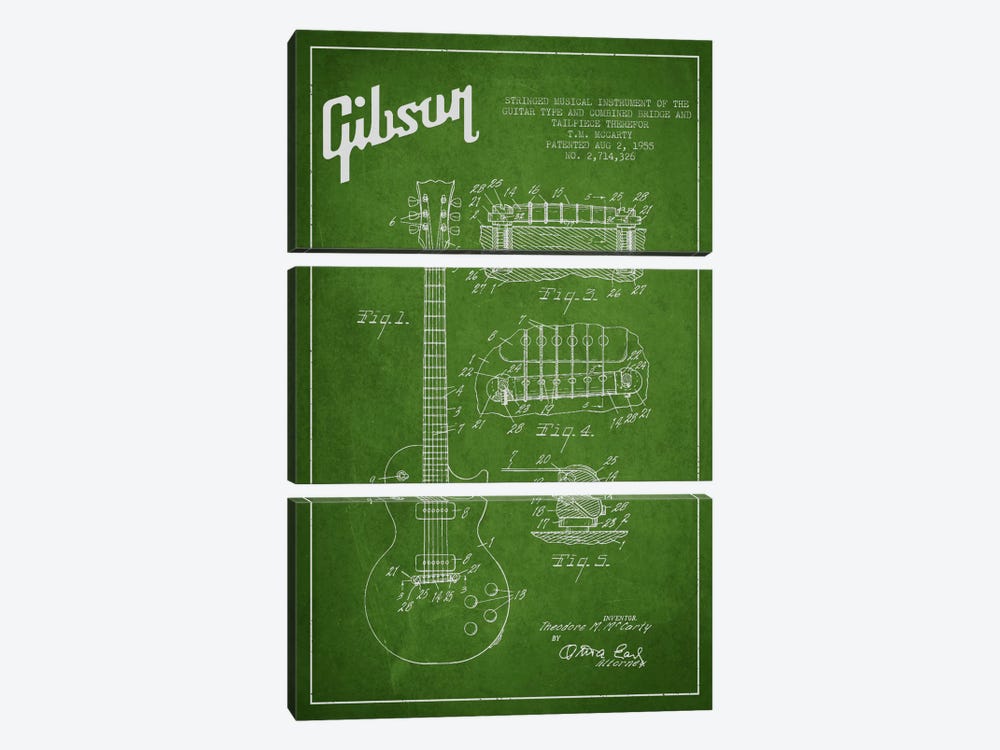 Gibson Guitar Green Patent Blueprint by Aged Pixel 3-piece Canvas Print