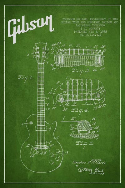 Music Blueprints: Gibson Guitar Green Patent Blueprint by Aged Pixel
