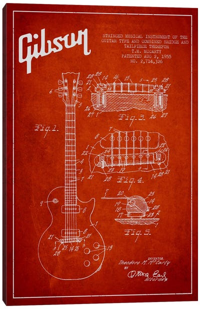 Gibson Guitar Red Patent Blueprint Canvas Art Print - Aged Pixel: Music
