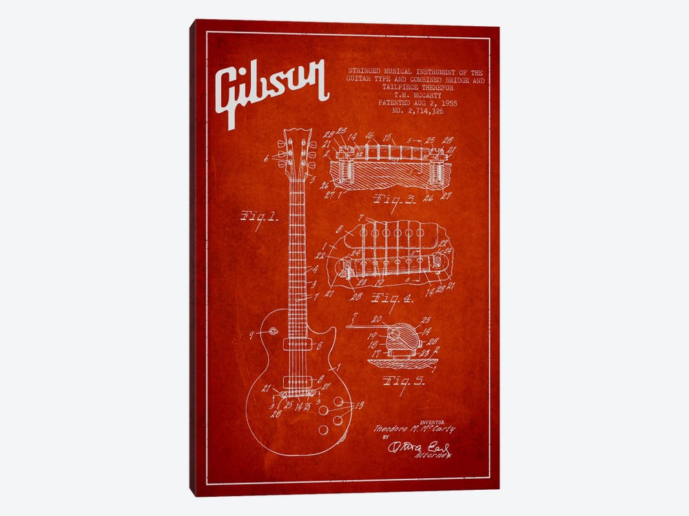 Gibson Guitar Red Patent Blueprint by Aged Pixel 1-piece Canvas Art