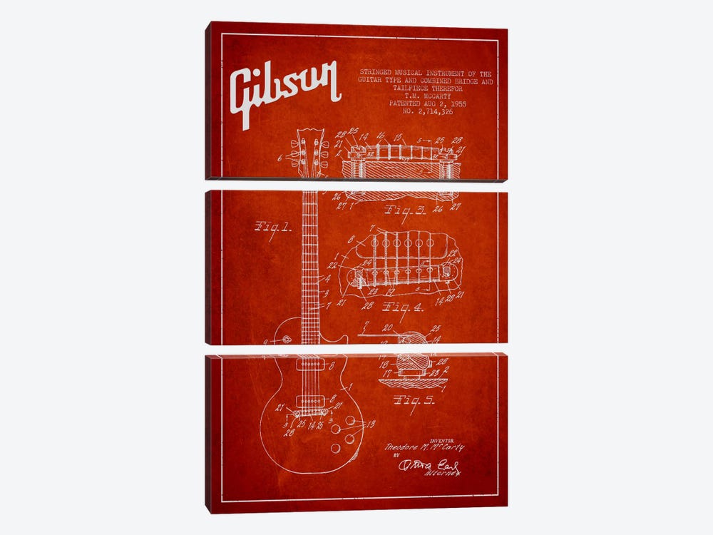 Gibson Guitar Red Patent Blueprint 3-piece Canvas Art
